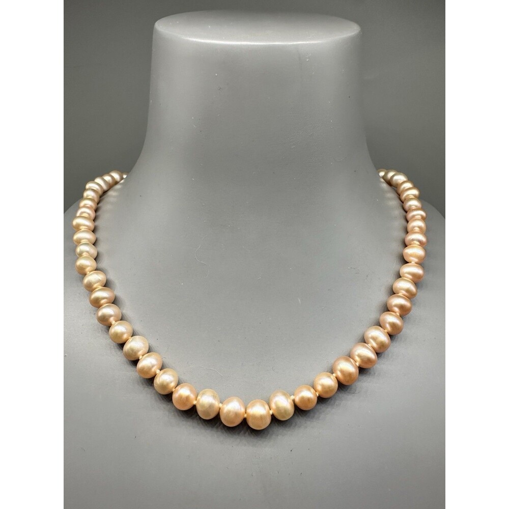 16” Peach Pearl Knotted Bead Necklace W Sterling Silver Clasp